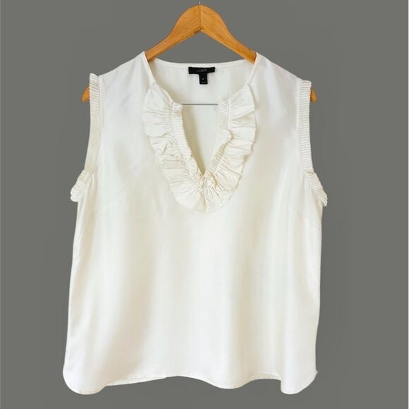 J. Crew Silk Ruffled Top Size 14 Ivory White Sleeveless Classic Preppy Feminine - Picture 1 of 7